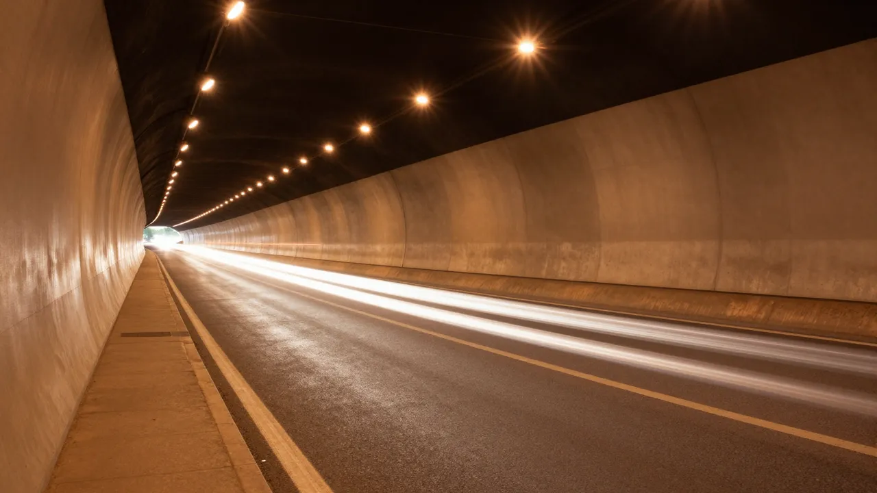 Curved concrete road tunnel with warm overhead lamps and bright traffic light streaks from passing vehicles