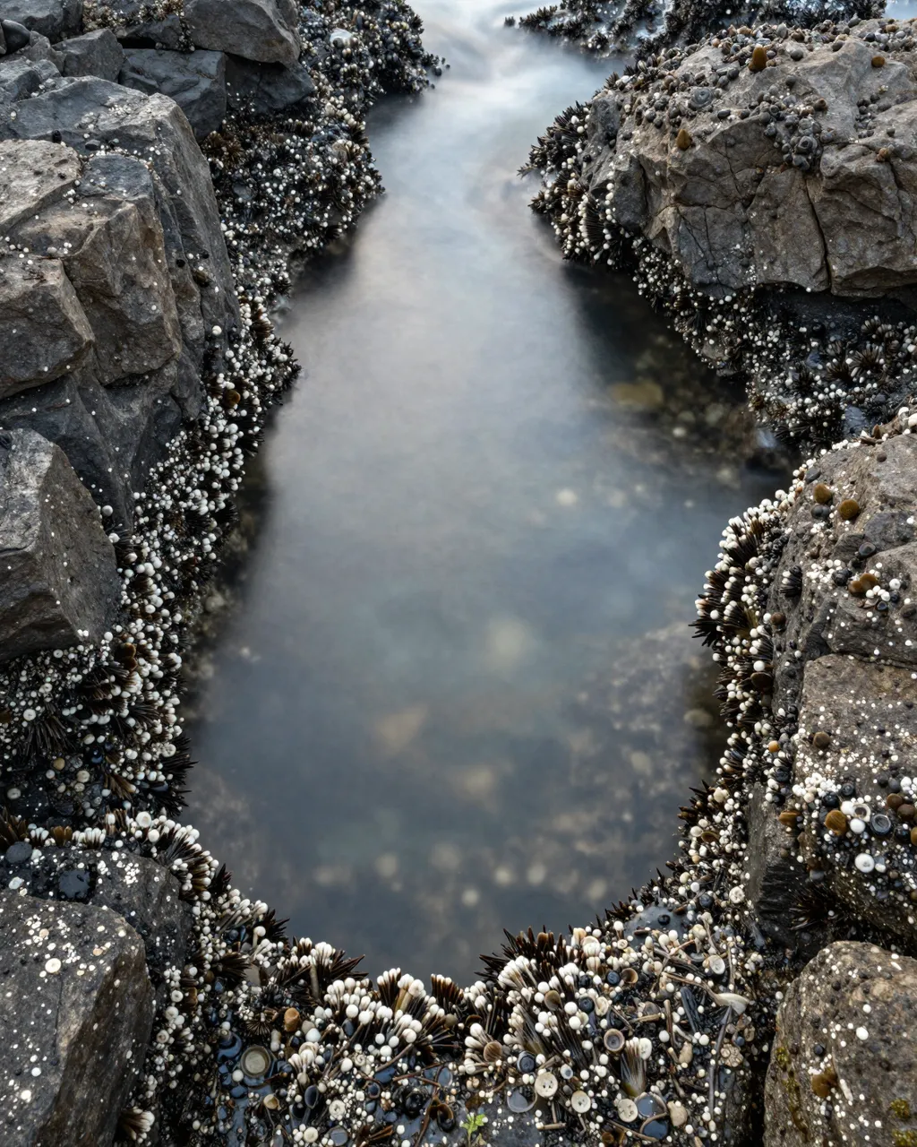 Smooth glassy still water sits in a tide pool framed by barnacled dark coastal rocks
