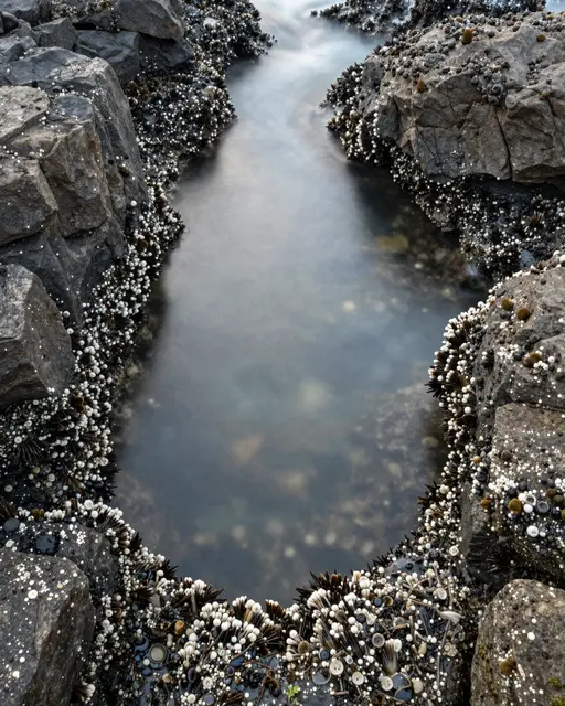 Smooth glassy still water sits in a tide pool framed by barnacled dark coastal rocks