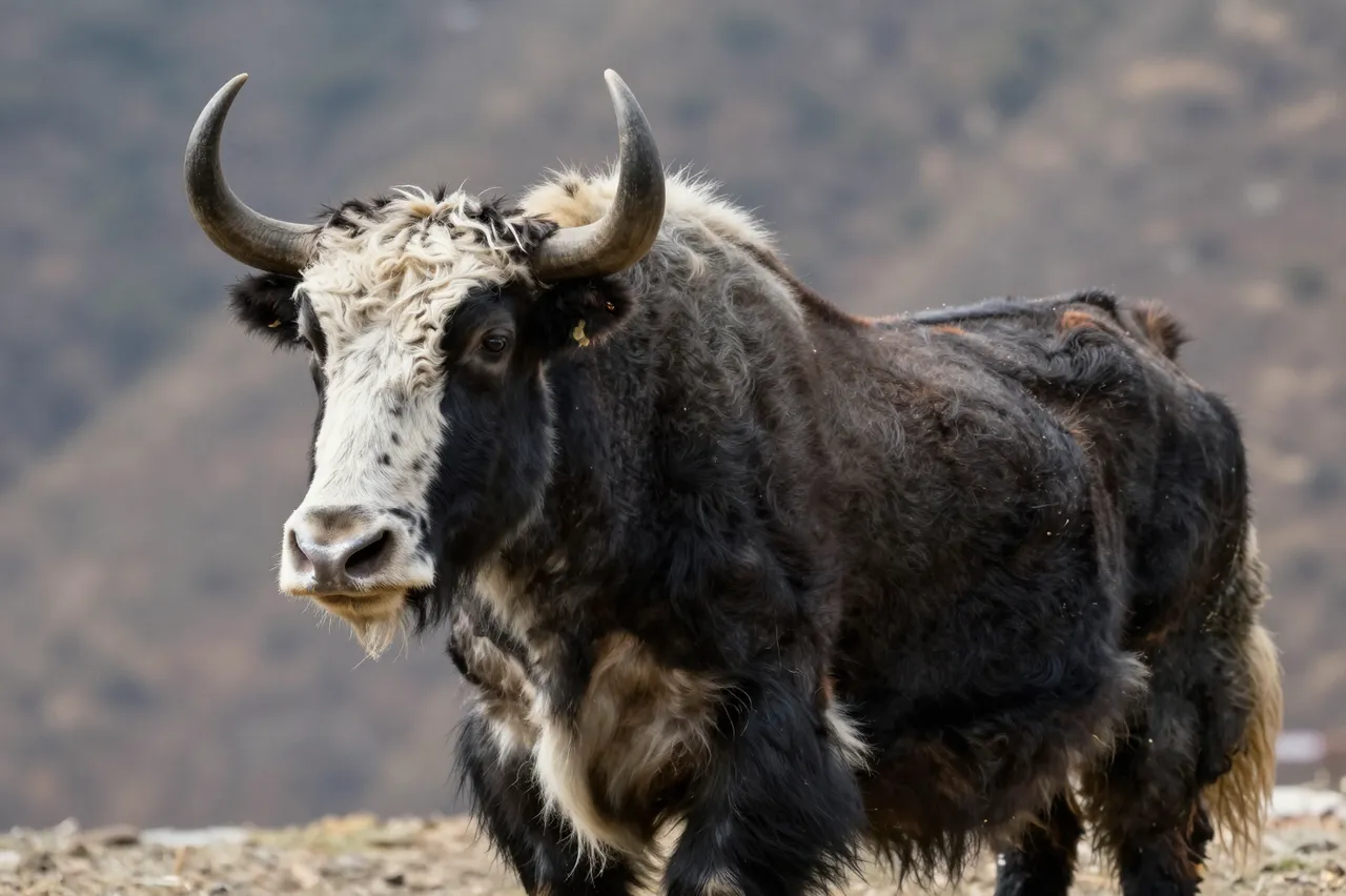 A shaggy black and white yak stands on rocky high altitude terrain, with blurred mountain slopes behind it