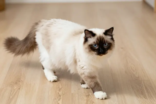 A long-haired Birman cat with a dark face and blue eyes walks across a pale oak indoor floor.