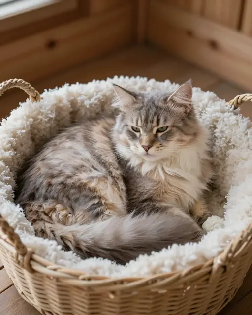 Fluffy long-haired Norwegian Forest cat rests in a sheepskin-lined wicker basket inside a cozy wooden cabin.