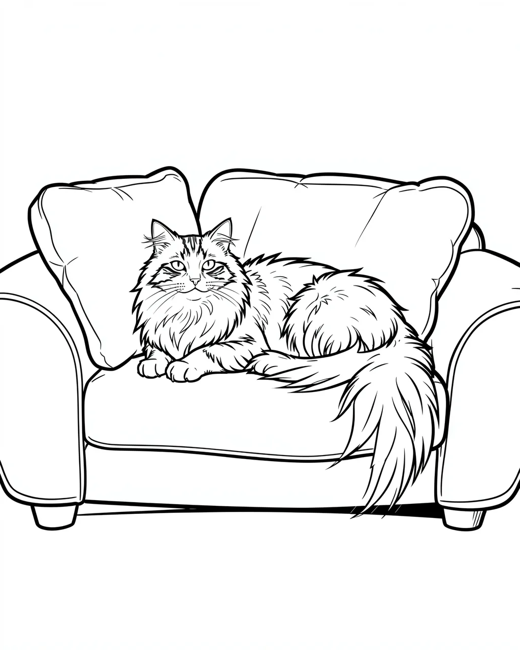 Black and white line art of a fluffy long-haired cat lounging on a cushioned armchair.