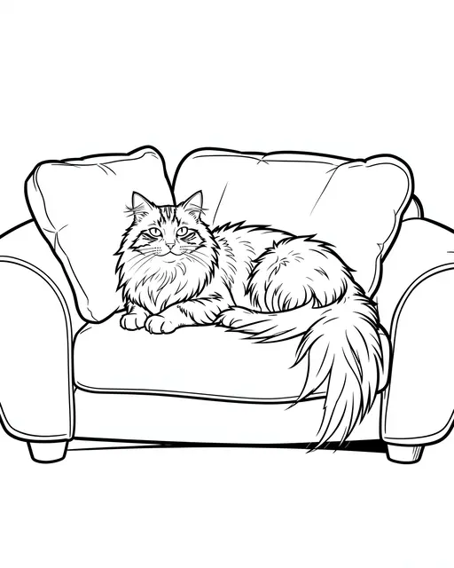 Black and white line art of a fluffy long-haired cat lounging on a cushioned armchair.