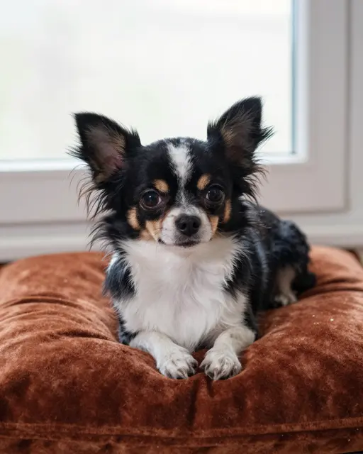 Long-haired tricolor Chihuahua lies on a rust velvet pillow in front of a bright window