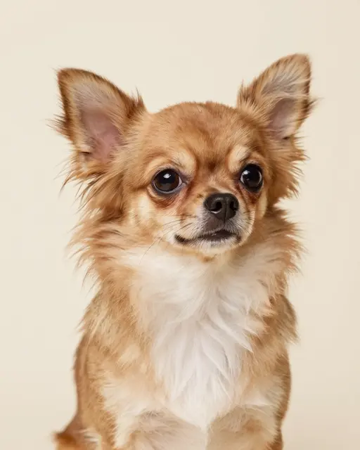 A long-haired tan and white chihuahua sits facing the camera against a plain cream background