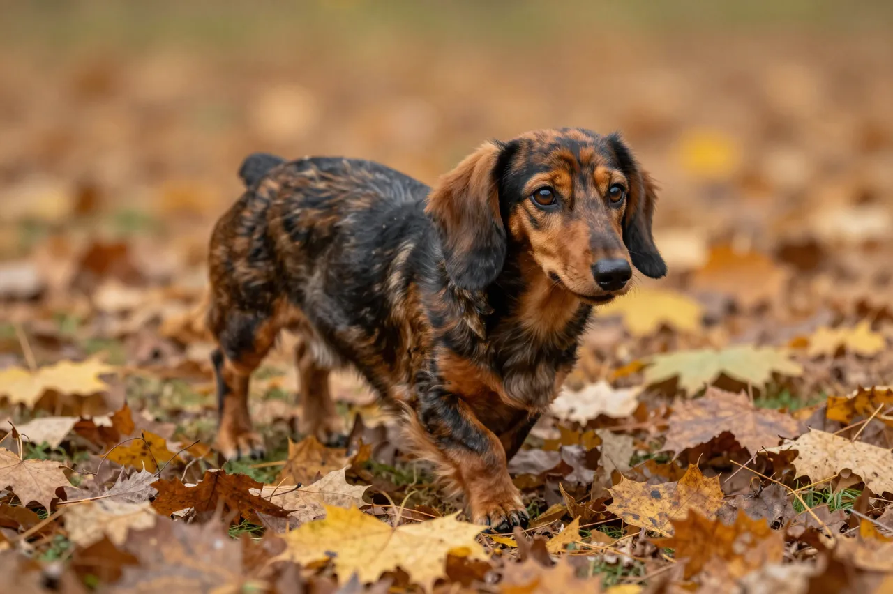 A long-haired dachshund stands and looks toward the camera on a bed of fallen autumn maple leaves.