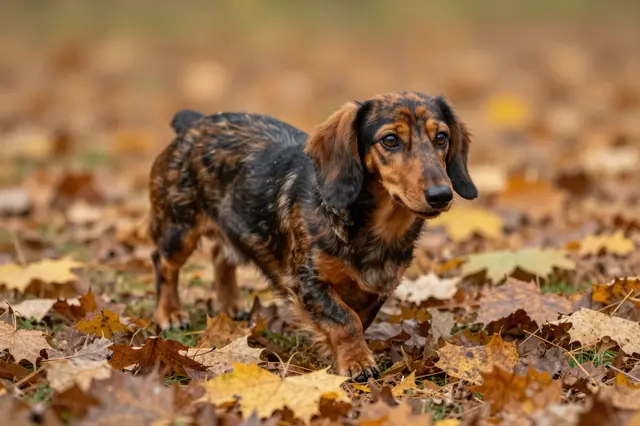 A long-haired dachshund stands and looks toward the camera on a bed of fallen autumn maple leaves.