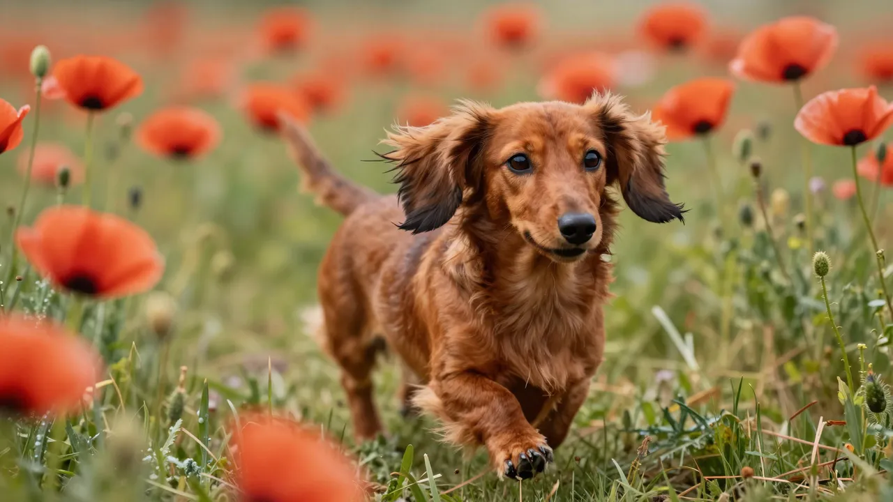 A long-haired red dachshund runs toward the camera through a field of bright red poppies