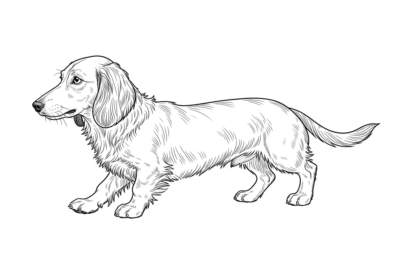 Fine line art drawing of a long-haired dachshund standing in profile on a plain white background