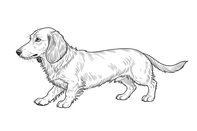 Fine line art drawing of a long-haired dachshund standing in profile on a plain white background