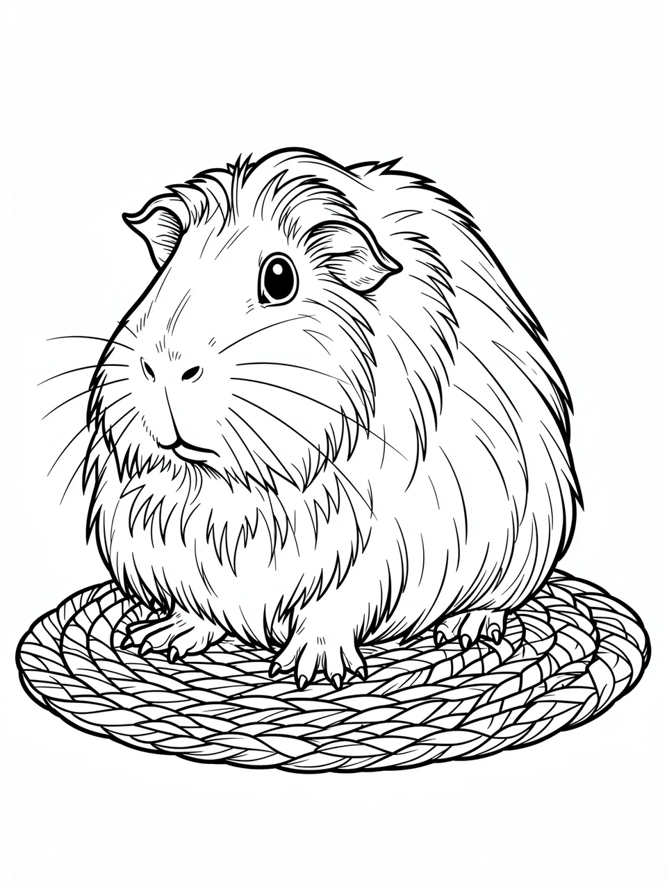 Black and white line art of a long-haired guinea pig sitting on a round woven mat