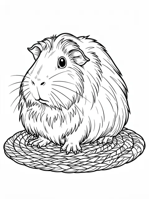 Black and white line art of a long-haired guinea pig sitting on a round woven mat