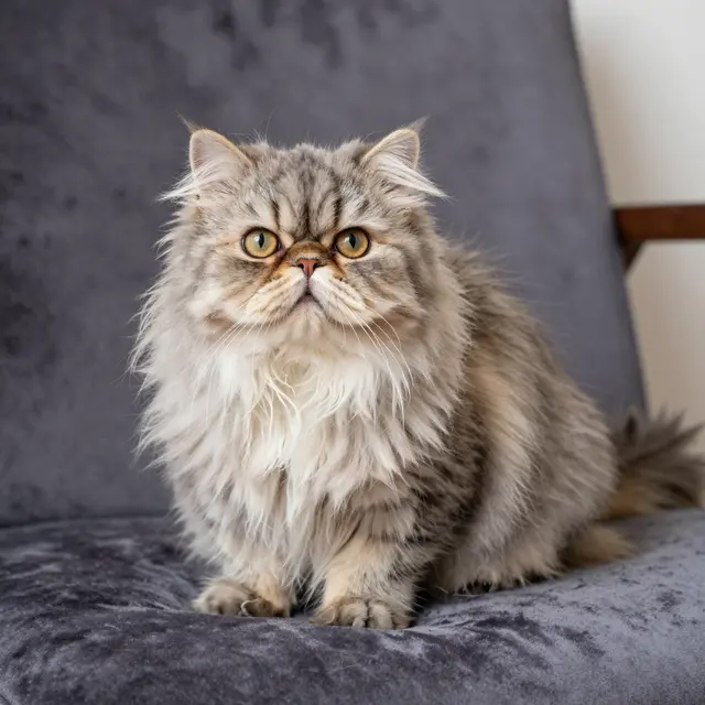 Fluffy long-haired Persian cat sits upright on a gray velvet chair facing the camera.