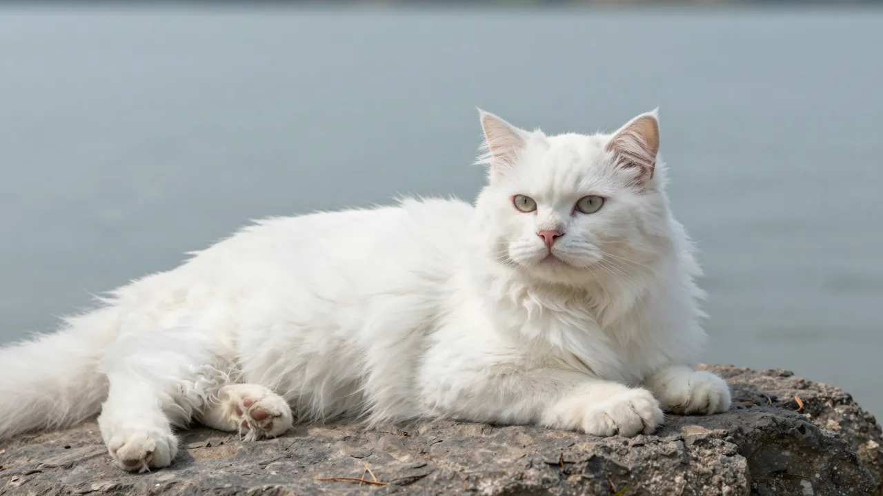 A fluffy long-haired white cat lies resting on a rough lakeside rock with calm water behind it.