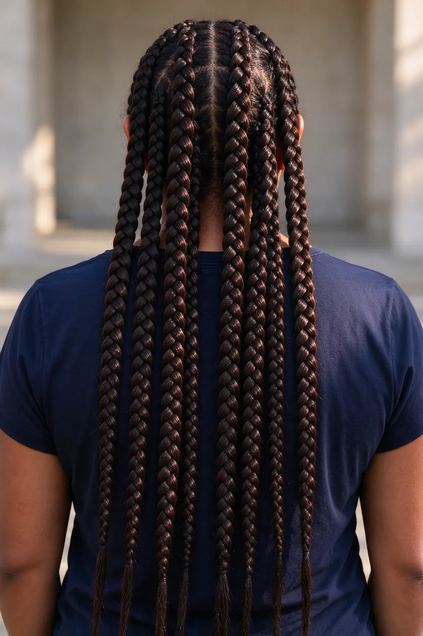 Back view of a person standing outdoors with extra long jumbo box braids and a navy top in afternoon light
