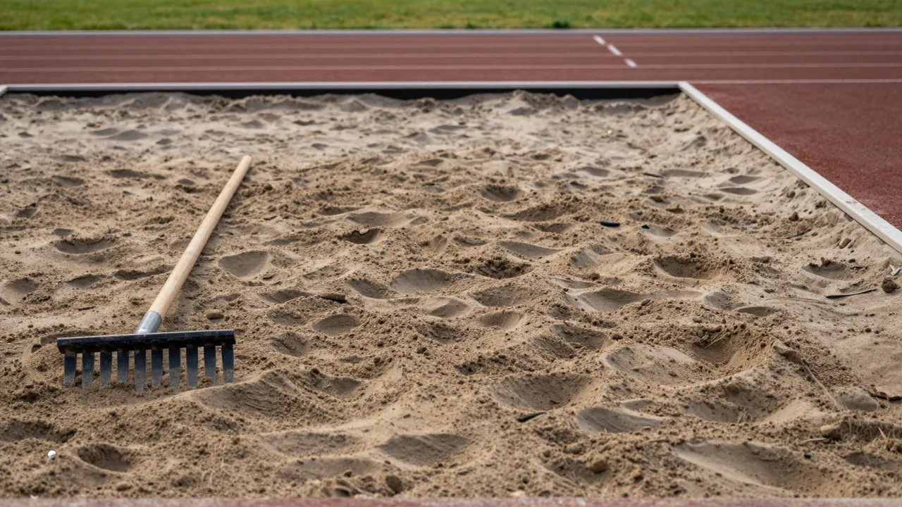 A wooden rake rests inside an empty long jump sand pit next to a red running track