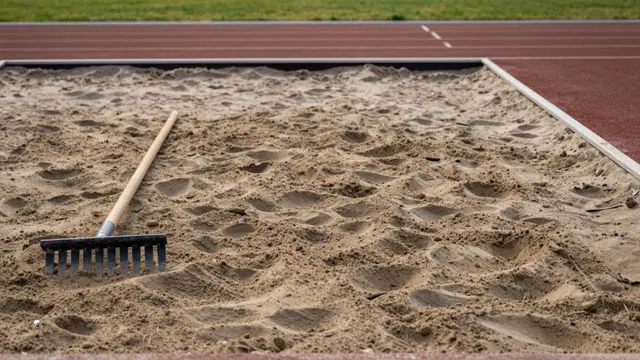 A wooden rake rests inside an empty long jump sand pit next to a red running track