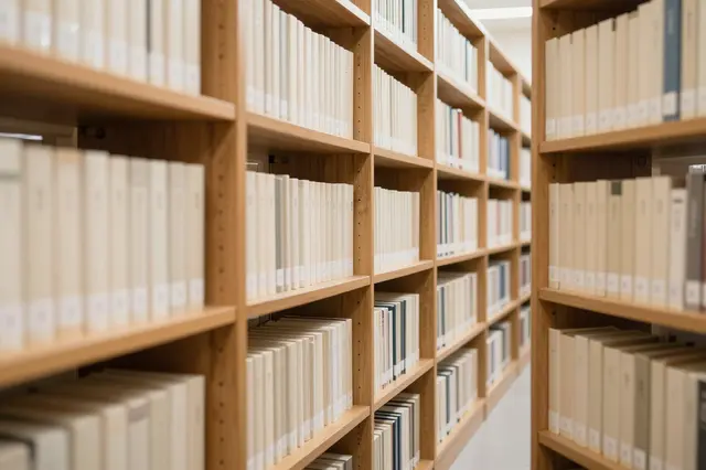 Receding view down a quiet library aisle lined with tall light wood shelves holding neat uniform books