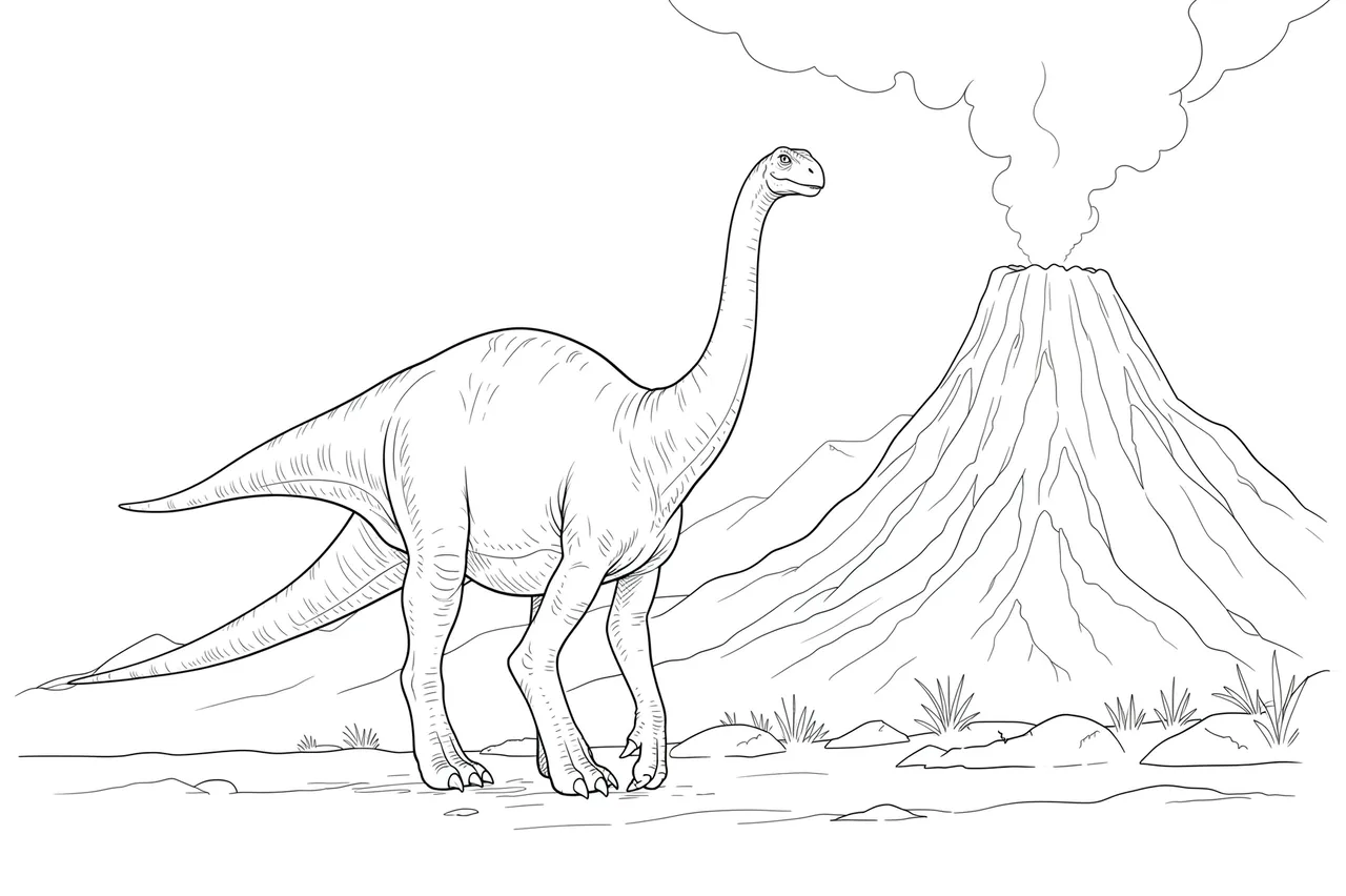 Fine line art drawing of a sauropod dinosaur walking near a smoking volcano on a plain