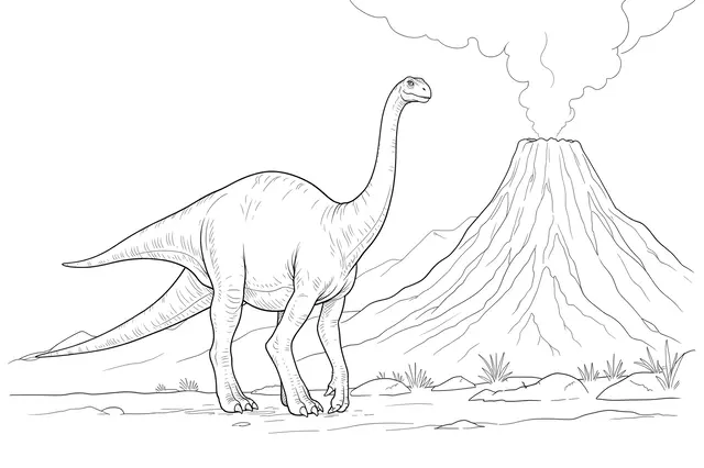 Fine line art drawing of a sauropod dinosaur walking near a smoking volcano on a plain