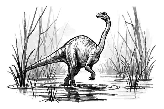 Charcoal sketch of a long-necked dinosaur standing wading in a misty swamp surrounded by reeds