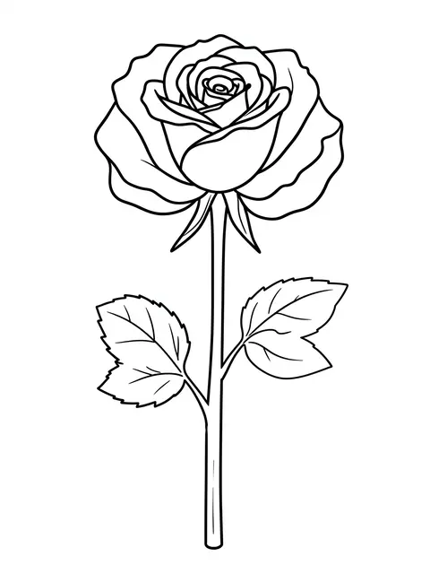 Bold black line drawing of a single long-stemmed open rose on a plain white background