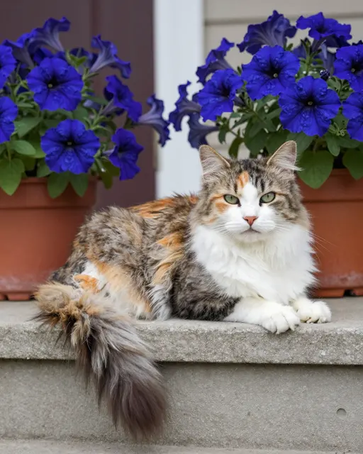 Fluffy long-haired calico cat rests on a concrete porch step between potted blue petunias