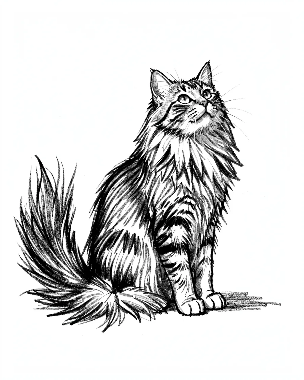 A charcoal sketch of a seated long-haired cat with a bushy tail looking upward against a plain white background