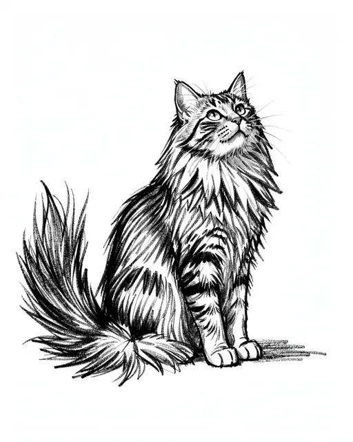 A charcoal sketch of a seated long-haired cat with a bushy tail looking upward against a plain white background