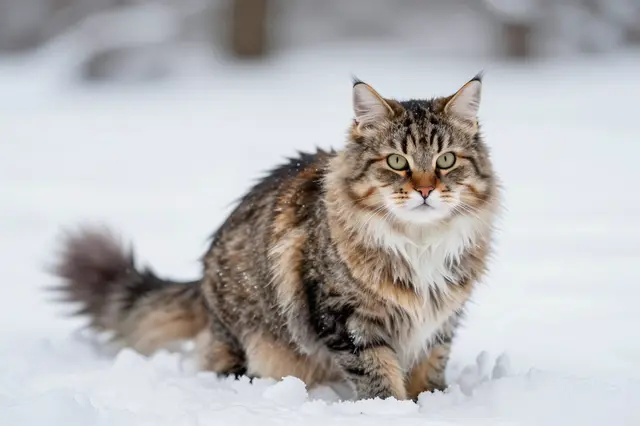 A fluffy tabby longhair cat with a thick winter coat sits alert on fresh winter snow.