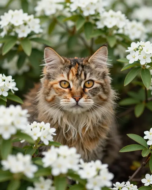 A long-haired tortoiseshell cat with amber eyes peeks out from a bush of delicate white flowers
