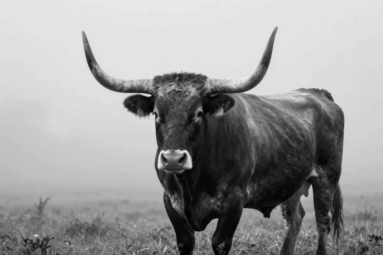 A longhorn bull with wide curved horns stands facing the camera in a foggy grassy field in black and white.