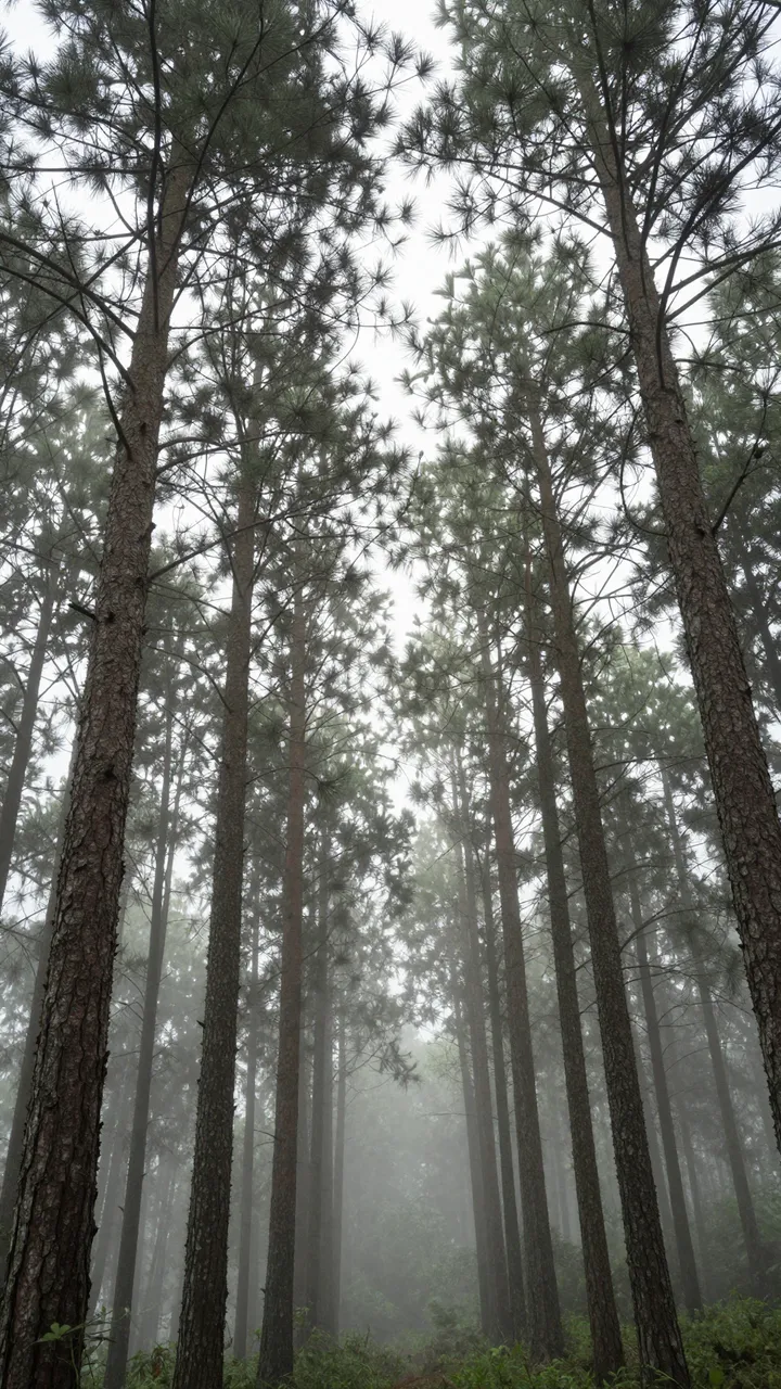 Low angle view of tall pine trees rising into thick white fog in a quiet forest