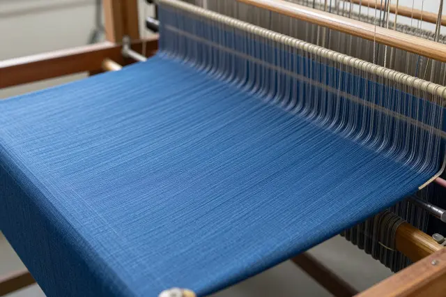 Close-up view of a wooden industrial loom actively weaving smooth blue woven fabric