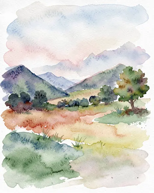 Soft loose watercolor wash landscape showing distant mountains, rolling fields and trees under a pastel sky