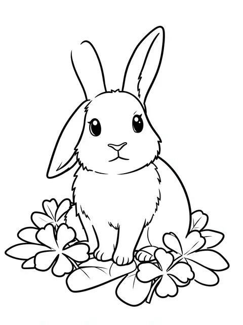 Bold black line art of a lop-eared bunny sitting surrounded by clover on a plain white background