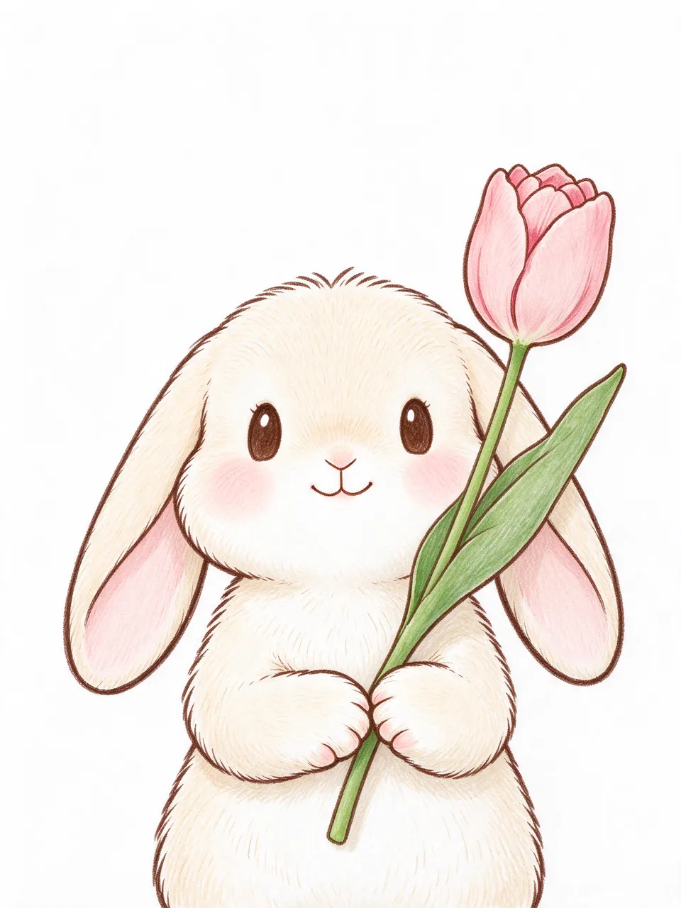 Cute cartoon lop eared bunny holds a pink tulip against a plain white background