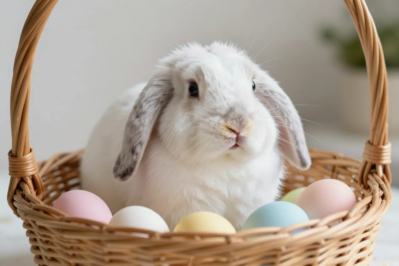 White lop-eared rabbit sits in a wicker basket surrounded by soft pastel Easter eggs.
