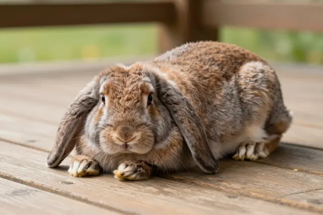 A soft brown and gray lop-eared bunny rests calmly on a sunlit wooden porch