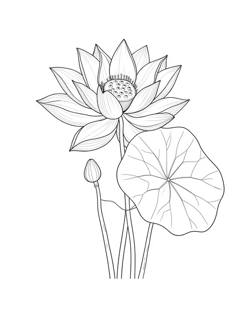Delicate single-weight line art of a lotus bloom, seed head, bud, and round leaf on a plain white background