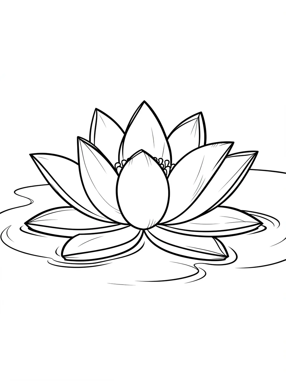 Bold black line art of an open lotus flower floating on rippled water on a plain white background
