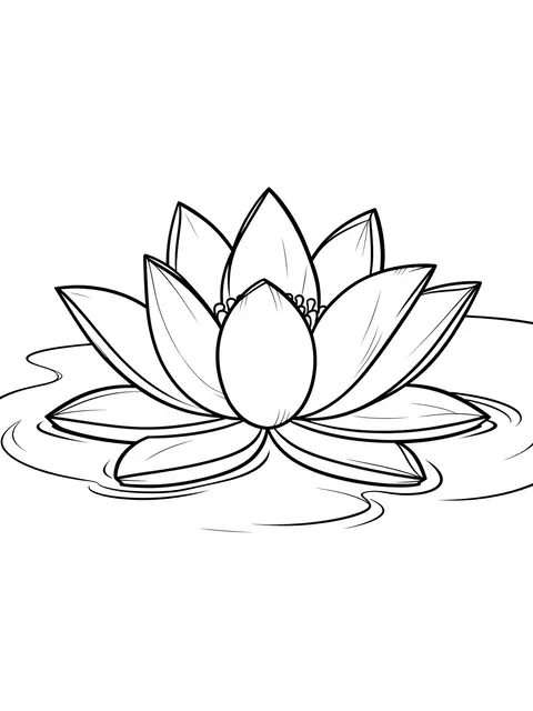 Bold black line art of an open lotus flower floating on rippled water on a plain white background