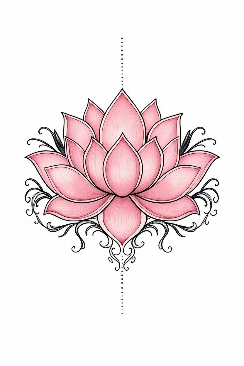 Vertical ornamental lotus tattoo illustration with pink petals and black swirls on a white background