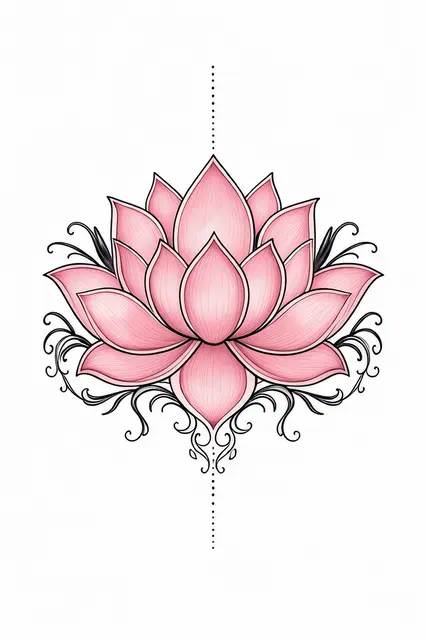 Vertical ornamental lotus tattoo illustration with pink petals and black swirls on a white background