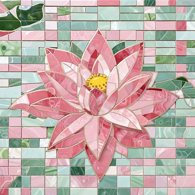 A detailed tile mosaic of a pink lotus flower set against soft green and pink mosaic tile background