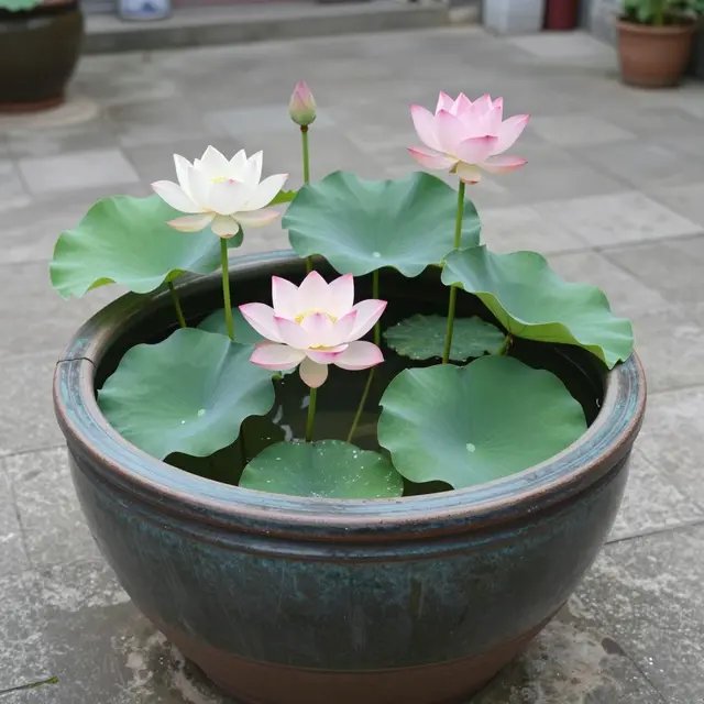Blooming pink and white lotus flowers with green leaves grow in a glazed ceramic water basin on a stone courtyard.