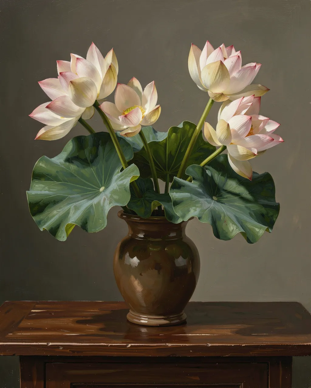 An oil painting of pink-tipped white lotus blooms and green leaves in a brown ceramic vase on a dark wooden table.