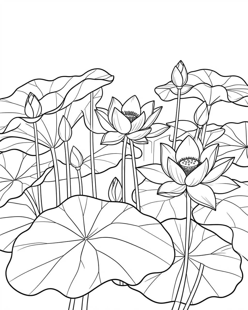 Black and white clean line art of lotus blossoms, buds and broad leaves on a plain white background.