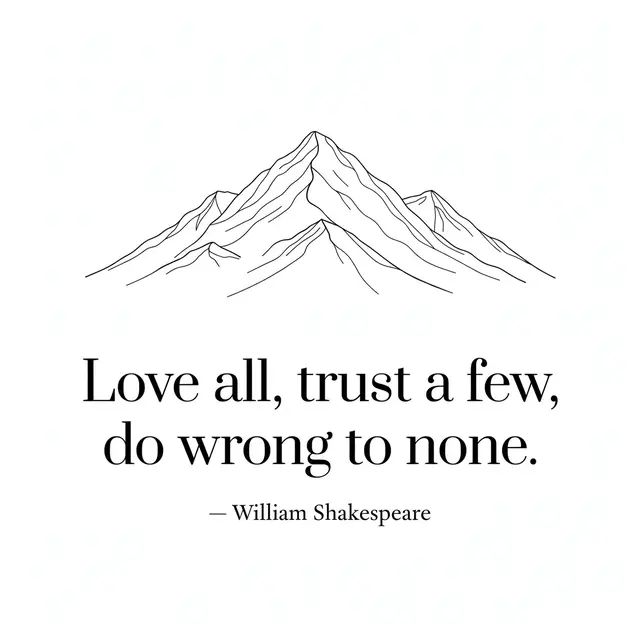 Minimalist black line drawing of a mountain above the quote "Love all, trust a few, do wrong to none. — William Shakespeare"